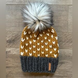 Handmade Chunky Knit Beanie with Faux Fur Pom | Mustard, Cream & Charcoal | NWT